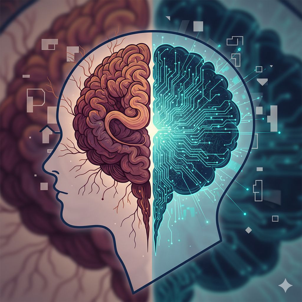 The image of a brain split in half, on the left a human brain on the right a neural network